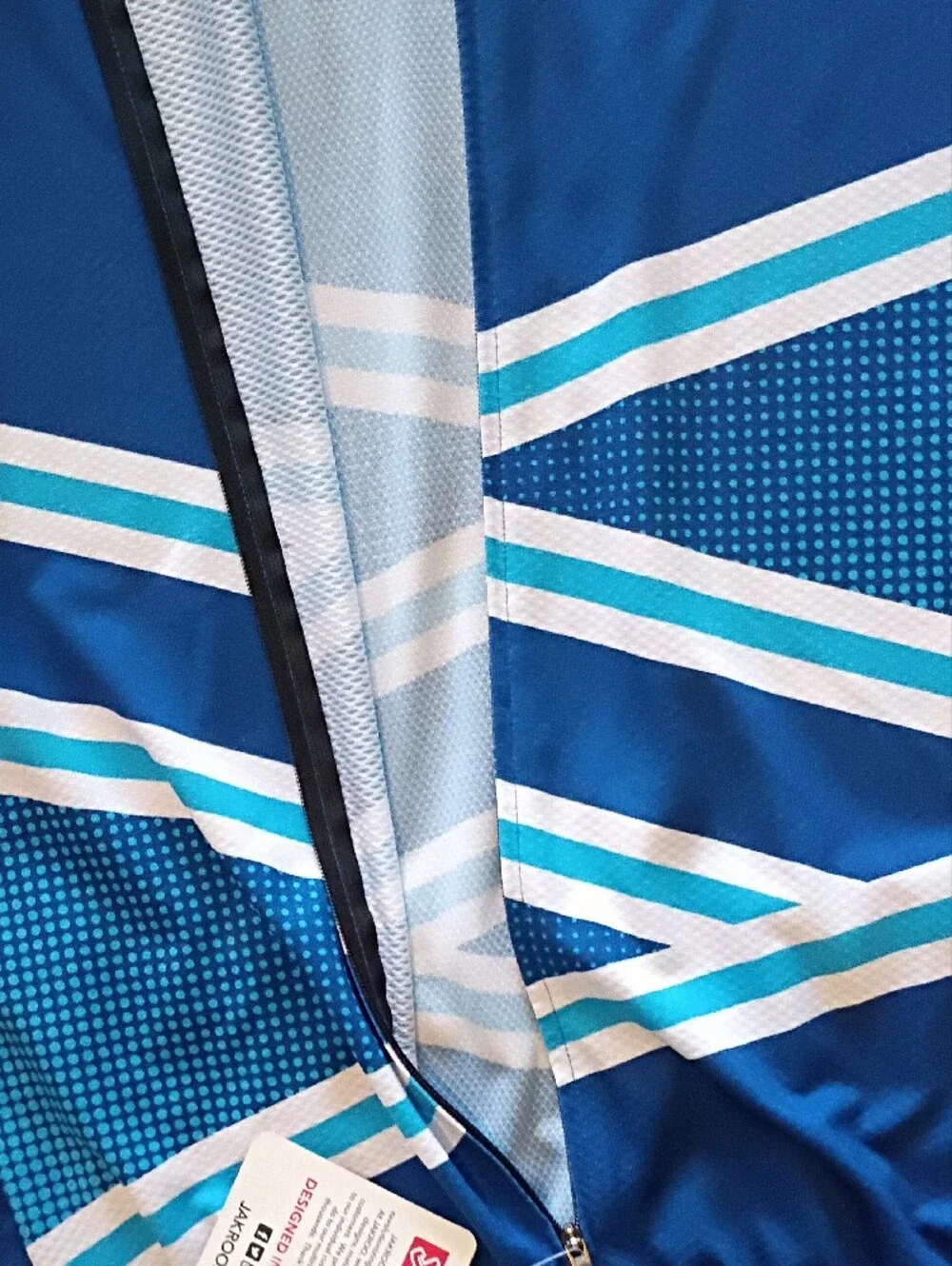 JAKROO Blue Cycling Jersey with White Stripes-NWT-Sz Medium-SS Back Pouch